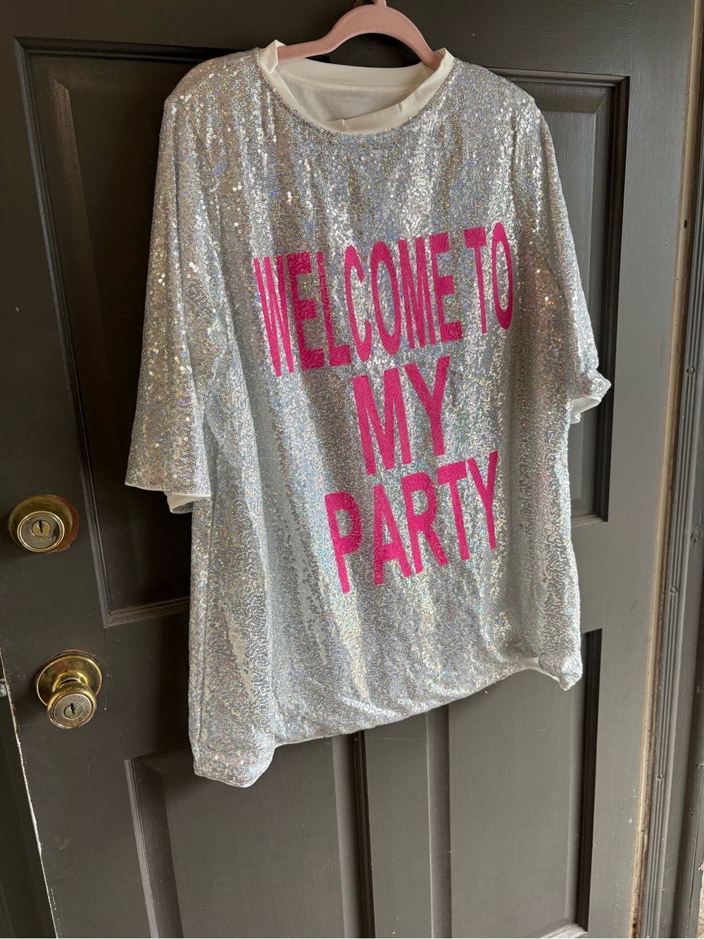 SHEIN Silver Sequin Tee with Hot Pink Welcome Text